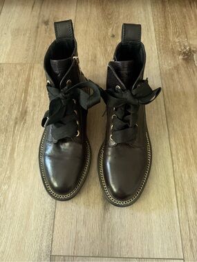 Zadig & Voltaire Dark Brown Leather Lace-Up Ankle Boots with Gold Trim